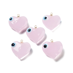 Pink Handmade Evil Eye Lampwork Pendants, with Light Gold Tone Brass Findings, Long-Lasting Plated, Lead Free & Cadmium Free, Heart Charm, Pink, 19x17.5~18.5x8.5~9mm, Hole: 1.4mm
