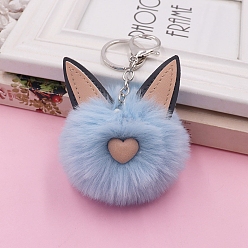 Light Sky Blue Imitation Rabbit Fur Keychain, Cat, Light Sky Blue, Pendant: 9.5x8cm
