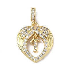 Letter T Латунные микропаве прозрачные подвески с фианитом, крыло с буквенными подвесками, без свинца и без кадмия, долговечный, стойки покрытие, реальный 18 k позолоченный, Письмо T, 20.5x18x3.5 мм, отверстие : 4.5x3.5 мм