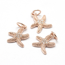 Real Rose Gold Plated Brass Micro Pave Grade AAA Cubic Zirconia Pendants, Starfish/Sea Stars, Lead Free & Nickel Free & Cadmium Free, Real Rose Gold Plated, 13x10.5x2mm, Hole: 3.5mm