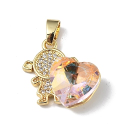 Pink Real 18K Gold Plated Rack Plating Brass Micro Pave Clear Cubic Zirconia Pendants, with Glass, Long-Lasting Plated, Cadmium Free & Lead Free, Girl with Heart Charm, Pink, 20.8x17x8mm, Hole: 6x3mm