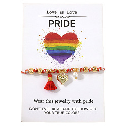 Красный Браслеты с подвесками в виде сердечек из сплава, посвященные месяцу гордости., Браслеты из плетеных бусин с имитацией пластикового жемчуга и латунных бусин для женщин и мужчин, с кисточками и поздравительной открыткой, красные, 11.02 дюйм (28 см)