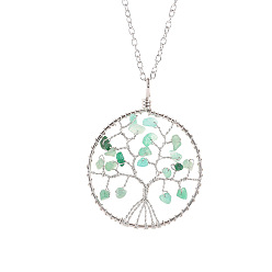 Green Aventurine Natural Green Aventurine Chips Beaded Tree of Life Pendant Necklaces, with Platinum Alloy Chains, 19.69 inch(50cm)