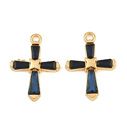 Prussian Blue 304 Stainless Steel & Glass Pendants, Cross Charm, Faceted, Real 18K Gold Plated, Ion Plating(IP), Long-Lasting Plated, Prussian Blue, 24x17x3.5mm, Hole: 2mm