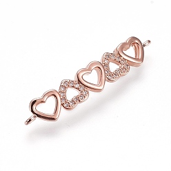 Rose Gold Brass Micro Pave Cubic Zirconia Links, Heart, Clear, Rose Gold, 33x6x1.5mm, Hole: 1.2mm