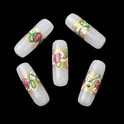 Белый Handmade стеклянные бусины фольги, колонна с цветком розы, белые, 29~30x10~10.5 мм, отверстие : 1.4 мм