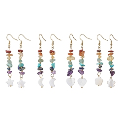 Mixed Shapes Natural & Synthetic Mixed Gemstone Chips & Shell Dangle Earrings, Golden Alloy Long Drop Earrings, Mixed Shapes, 71~75x8~13mm