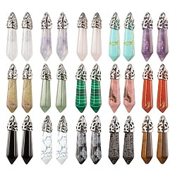 Mixed Stone 15Pcs 15 Style Natural & Synthetic Gemstone Pendants, with Platinum Tone Brass Findings, Bullet, 33~40x8~10mm, Hole: 3x2mm, 1pc/style