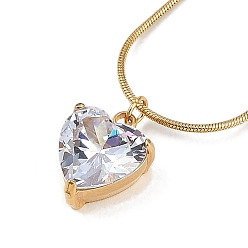 Прозрачный Вакуумное покрытие pvd 304 кулон в форме сердца из нержавеющей стали с кубическим цирконием, ожерелья в виде круглой змеиной цепи для женщин, золотые, прозрачные, 17.91 дюйм (45.5 см)
