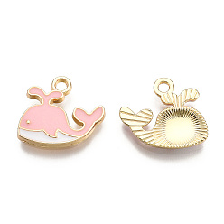 Pink Alloy Charms, with Enamel, Whale, Light Gold, Pink, 14x15x2mm, Hole: 1.8mm