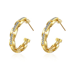golden Zircon Inlaid Chain Big Hoop Earrings - Gold Color, Elegant, Trendy.