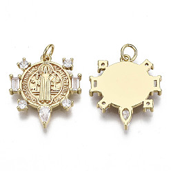 Real 16K Gold Plated Brass Micro Pave Clear Cubic Zirconia Pendants for Religion, with Jump Ring, Nickel Free, Flat Round with Saint Benedict, Real 16K Gold Plated, 22x19.5x3mm, Jump Ring: 5x1mm, 3mm inner diameter