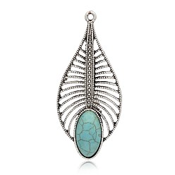 Sky Blue Antique Silver Plated Leaf Alloy Synthetic Turquoise Big Pendants, Dyed, Sky Blue, 61x27x6mm, Hole: 2mm