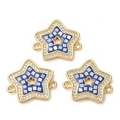 Royal Blue Rack Plating Brass Micro Pave Clear Cubic Zirconia Star Connector Charms, with Shell & Enamel, Real 18K Gold Plated, Long-Lasting Plated, Lead Free & Cadmium Free, Royal Blue, 18x20x2mm, Hole: 2mm