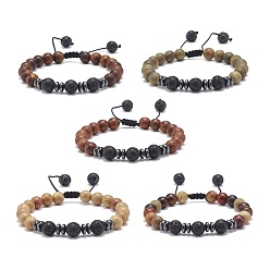Mixed Color Natural Lava Rock & Wood Braided Bead Bracelet, Essential Oil Gemstone Jewelry for Women, Mixed Color, Inner Diameter: 2-1/8~3-1/8 inch(5.4~7.8cm)