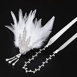 White Feather Hippie Headband Floral Crown,with Alloy Chain & Rhinestone, Wedding Party Beach Bridal Decorative Hair Accessories, White, 220~1170x9~145x22mm, 2pcs/set