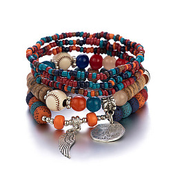 Mixed Color Bodhi & Glass Seed Beads Stretch Bracelets Sets, Bohemia Style Wing & Tower Alloy Charms Bracelets for Women, Mixed Color, 7-1/8 inch(18cm)