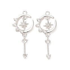 Посеребрённый Латунные микропаве прозрачные подвески с фианитом, Луна и звезды, 925 серебро покрытием, 28.5x12x3 мм, отверстие : 1.4 мм