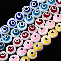 Mixed Color Natural Freshwater Shell Beads Strands, with Enamel, Flat Round with Evil Eye, Mixed Color, 6x3~4mm, Hole: 0.8mm, about 62~63pcs/strand, 14.96 inch~15.35 inch(38~39cm)