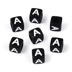 Letter A Начальные акриловые бусины с горизонтальной дырочкой, кубические, чёрные, буква a, 6x6x6 мм, отверстие : 3.5 мм, 3330 шт / 500 г
