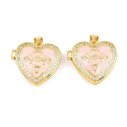 Pink Подвески латуни медальон, с эмалью и фианитом, без кадмия и без свинца, реальный 18 k позолоченный, стойки покрытие, долговечный, сердце прелести, розовые, 22.5x24x9 мм, отверстие : 3x5 мм