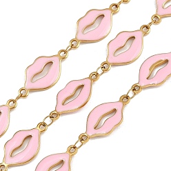 Бледно-Розовый 304 цепи с эмалированными губами из нержавеющей стали, ионное покрытие (ip), пайки, золотые, с катушкой, розовый жемчуг, 19x9.5x1.5 мм