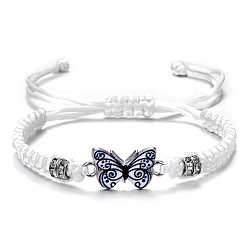 White Butterfly Alloy Enamel Link Bracelet with Rhinestone, Braided Adjustable Bracelet, White, Inner Diameter: 2-3/8 inch(6cm)