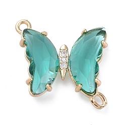Teal Glass Links Connectors, with Brass Micro Pave Cubic Zirconia, Faceted, Butterfly, Light Gold, Teal, 20x20x4mm, Hole: 1.5mm