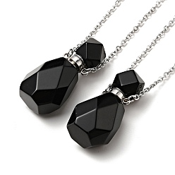 Obsidian Openable Faceted Natural Obsidian Perfume Bottle Pendant Necklaces for Women, 304 Stainless Steel Cable Chain Necklaces, Stainless Steel Color, 18.54 inch(47.1cm)