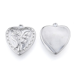 Real Platinum Plated Brass Pendants, Cadmium Free & Nickel Free & Lead Free, Heart with Rose, Real Platinum Plated, 18x15.5x2.5mm, Hole: 1.2mm