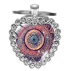 Pale Violet Red Heart Rhinestone Time Gem Glass Keychain, Yoga Mandala Flower Pendant Keychain, with with Alloy Findings, Pale Violet Red, 2.5cm