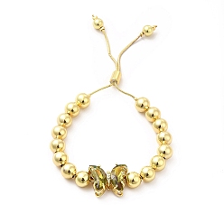 Olive Bracelets coulissants à perles rondes en laiton plaqué en rack pour femmes, bracelets réglables papillon en verre plaqué longue durée, sans nickel et sans plomb, réel 18 k plaqué or, olive, diamètre intérieur : 1-1/2~2-7/8 pouces (3.7~7.2 cm)