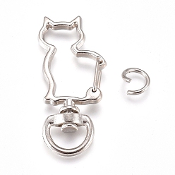 Platinum Alloy Swivel Lobster Clasps, with Iron Jump Rings, Cat Shape, Platinum, 44x18x6mm, Jump Ring: 8x1.2mm