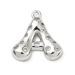 Letter A Латунные микропаве прозрачные подвески с фианитом, без кадмия и без свинца, долговечный, стойки покрытие, платина, буква a, 21.5x21x5 мм, отверстие : 1.8 мм