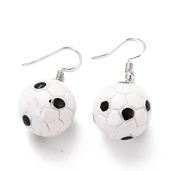 White Resin Dangle Earrings, with Platinum Iron Earring Hooks, Foodball, White, 38mm, Pin: 0.5mm