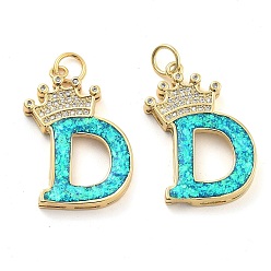 Letter D Латунные микропаве прозрачные подвески с фианитом, с синтетическим опалом, реальный 18 k позолоченный, с целью перехода в кольце, Буква D, 26.5~33x14~23.5x3.5~4.5 мм, отверстие : 4.5 мм