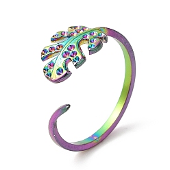 Rainbow Color Ion Plating(IP) 304 Stainless Steel Cuff Ring Settings, for Rhinestone, Leaf, Rainbow Color, US Size 6 1/4(16.7mm), Fit for Rhinestone: 0.8mm