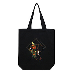 Black DIY Bouquet Pattern Black Canvas Tote Bag Embroidery Kit, including Embroidery Needles & Thread, Cotton Fabric, Plastic Embroidery Hoop, Black, 390x340mm
