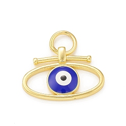 Medium Blue Rack Plating Brass Enamel Charms, with Jump Ring, Cadmium Free & Lead Free, Long-Lasting Plated, Real 18K Gold Plated, Oval with Evil Eye Pattern, Medium Blue, 14x20x3mm, Hole: 5mm