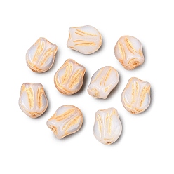 (404) Непрозрачное AB Кислое яблоко Стеклянные бусины, тюльпан, золотой металл обвитыми, цветочный белый, 8.5~9x7~7.5x5 мм, отверстие : 0.9~1 мм