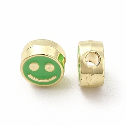 Spring Green Rack Plating Alloy Enamel Beads, Cadmium Free & Nickel Free & Lead Free, Flat Round with Smiling Face Pattern, Light Gold, Spring Green, 7.5x4mm, Hole: 2mm