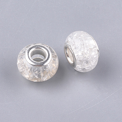 Clear Crackle Resin European Beads, Large Hole Beads, with Silver Color Plated Brass Cores, Rondelle, Clear, 13.5~14x8.5~9mm, Hole: 5mm