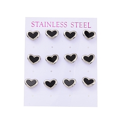 Stainless Steel Color Heart 304 Stainless Steel Acrylic Stud Earrings, with Ear Nut, Stainless Steel Color, 9x11mm, Pin: 0.8mm, 6 pairs/card
