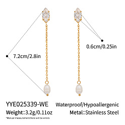 Прозрачный 304 серьги-гвоздики с кисточками в форме конского глаза из нержавеющей стали с кубическим цирконием, с имитацией жемчуга, реальный 18 k позолоченный, прозрачные, 72x6 мм