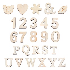 BurlyWood Pine Wood Alphabet Cabochons, Laser Cut Wood Shapes, Undyed, 26 Letters & 
Number & Mixed Shapes, BurlyWood, 3sets/bag