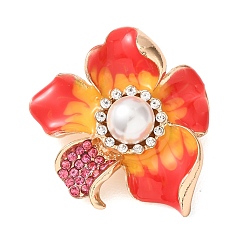 Rouge Broches en alliage, émail, strass et perles de plastique, épingles à revers pour vêtements, pivoine, rouge, 40x35.5mm