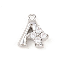 Letter A Латунные микропаве прозрачные кубические циркониевые подвески, долговечный, стойки покрытие, платина, без кадмия и без свинца, буква a, 10.5x9x3.5 мм, отверстие : 1.2 мм