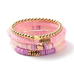 Pink Synthetic Hematite & Polymer Clay Heishi Beads Stretch Bracelets Set, Yoga Bracelet, Heart & Star Brass Beads Bracelets for Men Women, Golden, Pink, Inner Diameter: 2-1/8 inch(5.25~5.35cm), 4pcs/set