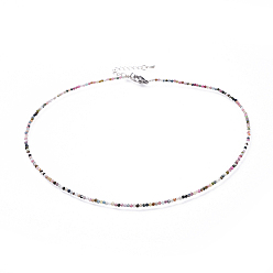 Tourmaline Natural Tourmaline Beaded Necklaces, with 304 Stainless Steel Lobster Claw Clasps and Brass Extender Chains, Faceted, 15.8 inch(40.2cm)