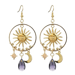 Golden Sun & Moon & Star Alloy Chandelier Earrings, Glass Teardrop Long Drop Earrings, Golden, 83x35mm